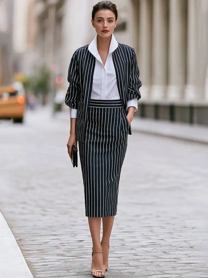 Three-piece Set Featuring A Pinstriped Blazer A Shirt  A Midi-length Pencil Skirt