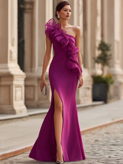 Elegant Magenta Single Shoulder Organza Ruffle Bodycon Mermaid Prom Formal Dress