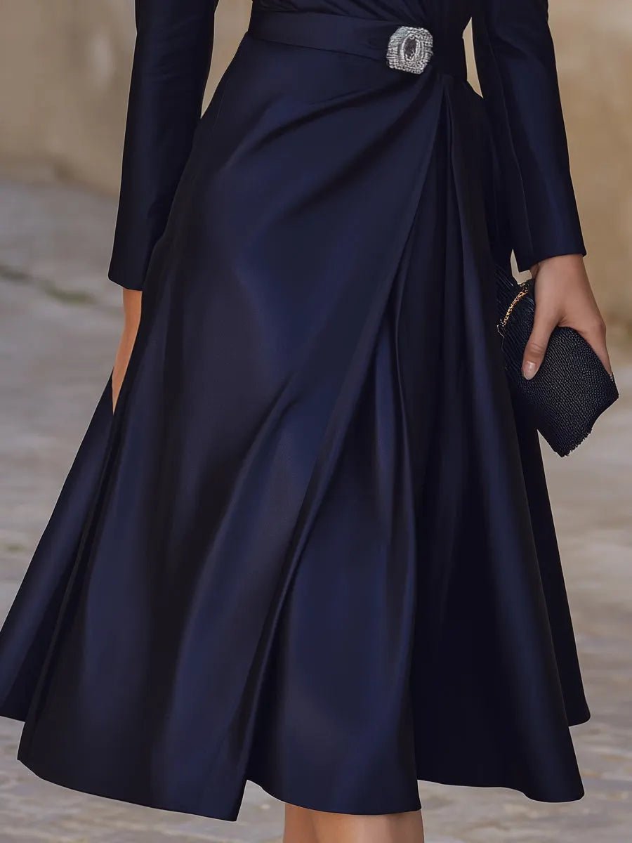 Satin Ruched Waist Crystal Button Midi Dress