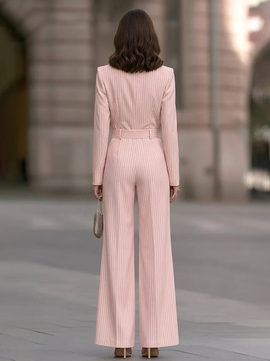 Women's Pinstripe Long Sleeve Notch Collar Wide Leg Jumpsuit with Belt