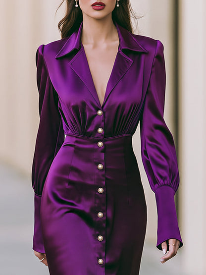 Satin Lapel Button Front Ruched Waist Midi Dress