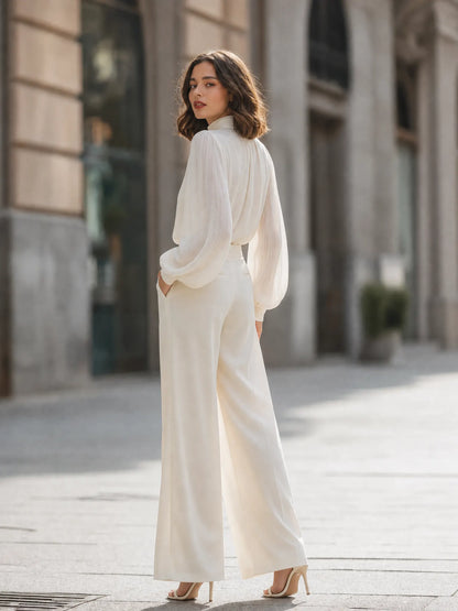 Elegant High Neck Lantern Sleeve Blouse & Wide Leg Trousers Set