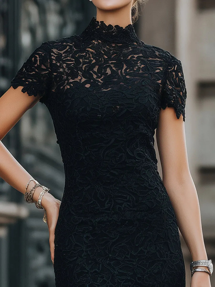 Elegant Floral Lace High-Neck Mini Dress