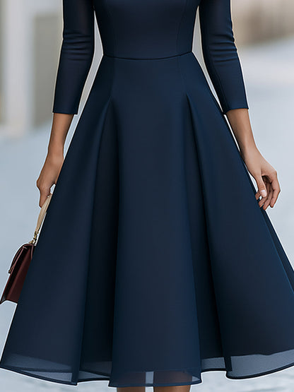 Navy Off-Shoulder Mesh A-Line Midi Dress