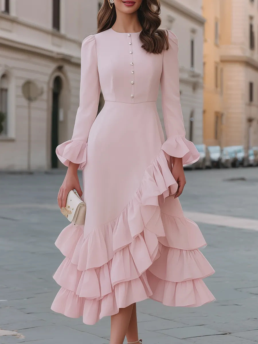 Button-Front Ruffle-Hem Midi Dress With Flounce Sleeves