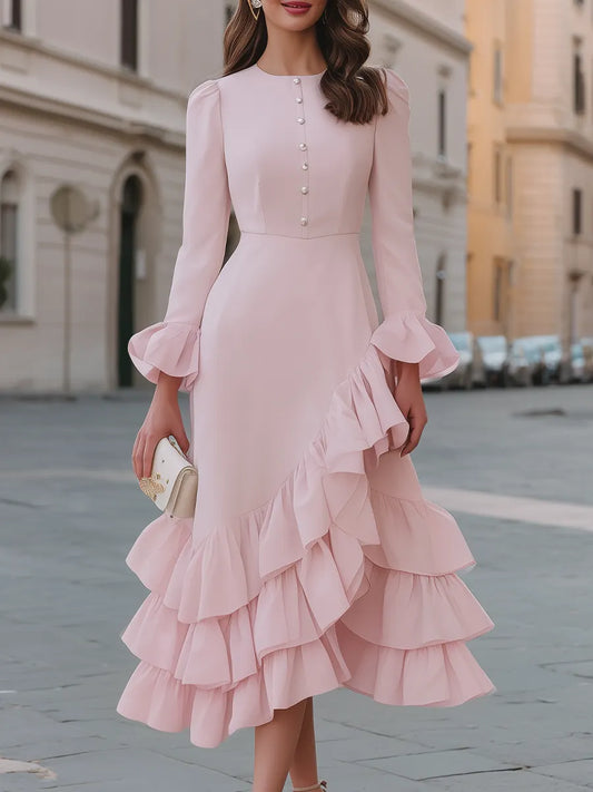 Button-Front Ruffle-Hem Midi Dress With Flounce Sleeves