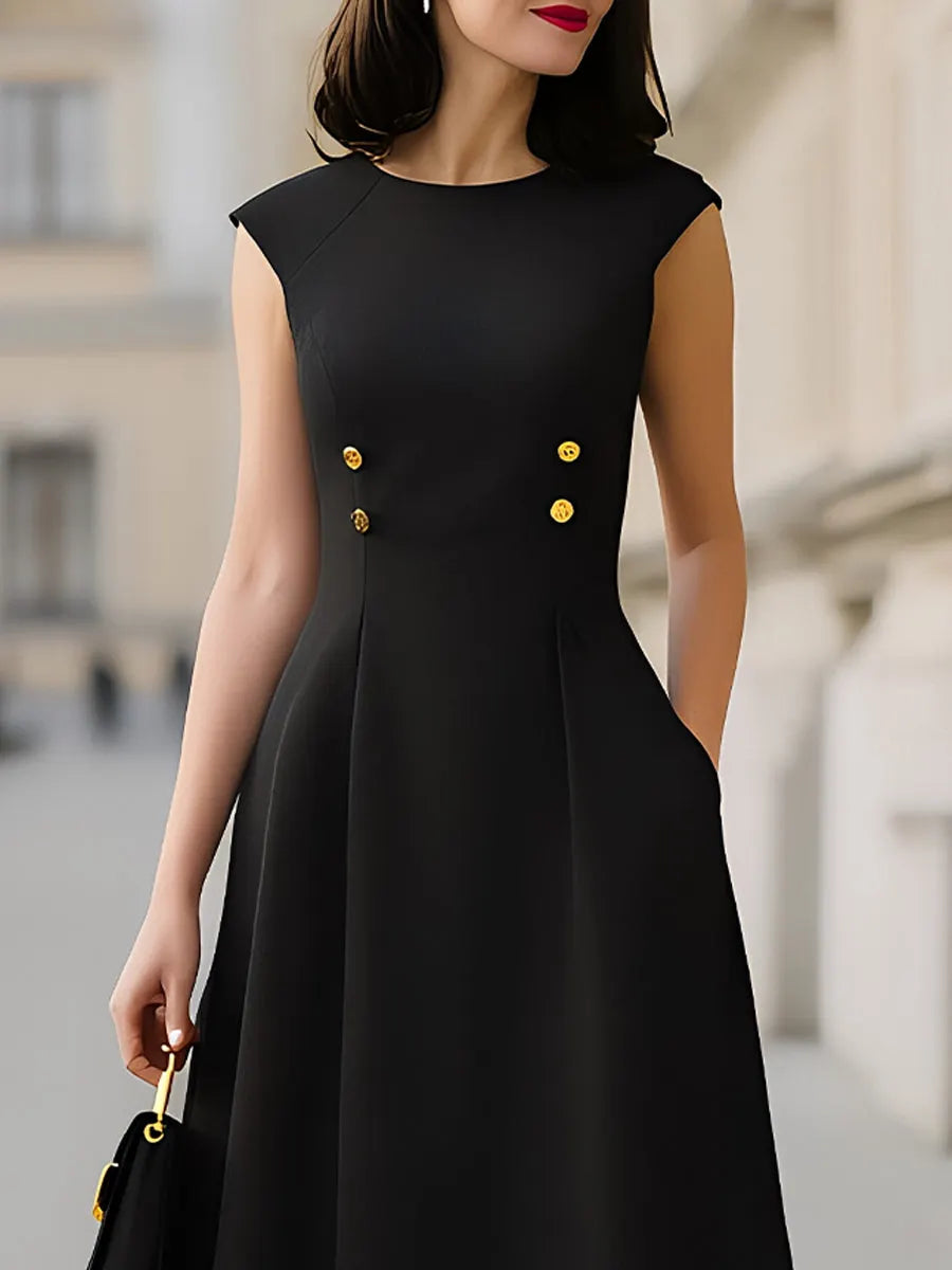 Cap-Sleeve Round-Neck A-Line Midi Dress With Gold Button Detail