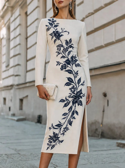Botanical Print Long Sleeve Sheath Midi Dress