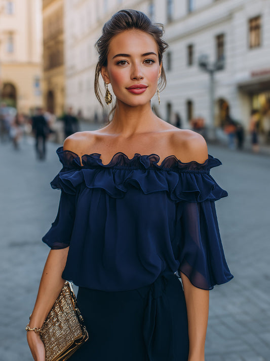 Blusa de Chiffon com Babados e Decote Ombro a Ombro