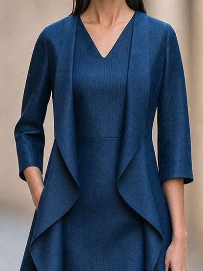Two-Piece Set: Waterfall-Style Layered Cardigan-Effect Dress With Slim-Fit V-Neck Midi Dress