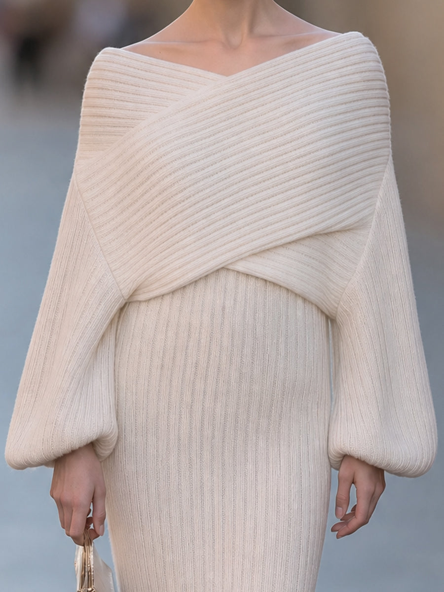 Two-Piece Set: Ribbed Knit Off-Shoulder Crisscross Top & High-Waisted Midi Skirt