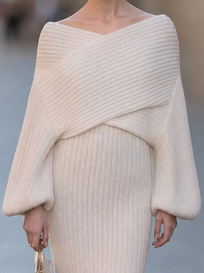 Two-Piece Set: Ribbed Knit Off-Shoulder Crisscross Top & High-Waisted Midi Skirt