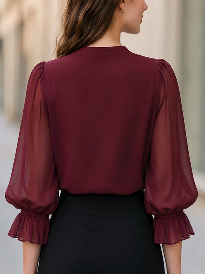 Ruffled V-Neck Chiffon Blouse