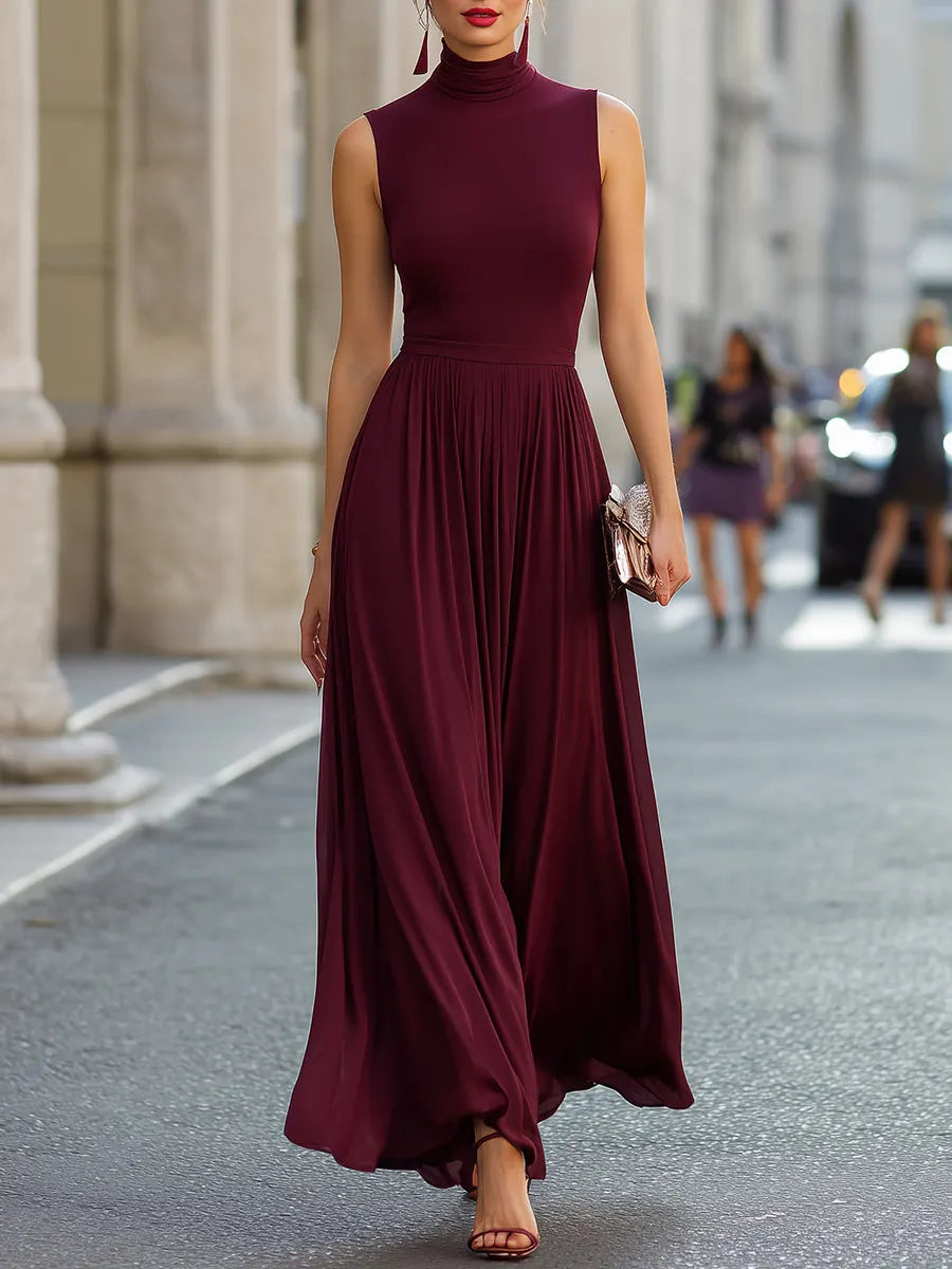 Sleeveless Turtleneck Gathered A-Line Maxi Dress