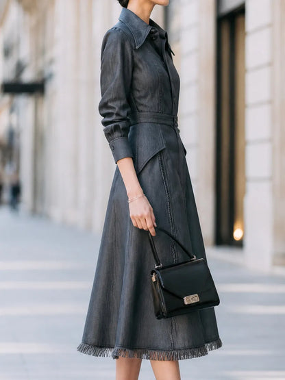Washed Denim Shirt Dress With Frayed Hem Detail