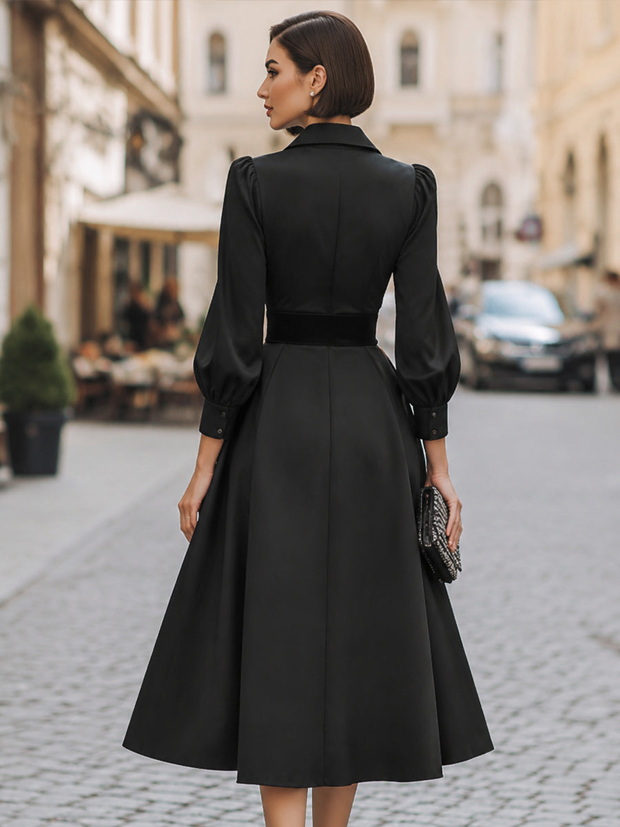 Belted Collared Puff-Sleeve Midi Dress With Full Skirt