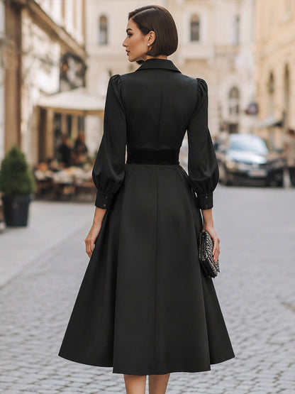 Belted Collared Puff-Sleeve Midi Dress With Full Skirt