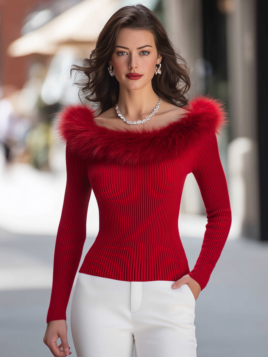 Off-the-Shoulder Faux Fur Collar Ribbed Knit Sweater
