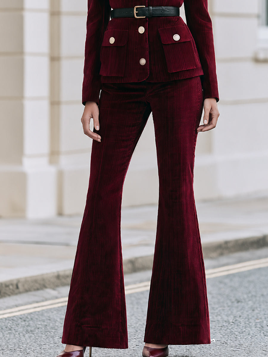 Corduroy Stand Collar Cargo Pocket Belted Jacket & Flare Pants Co-Ord Set