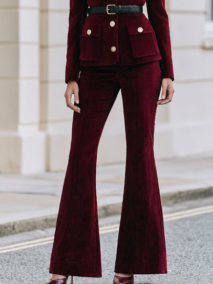 Corduroy Stand Collar Cargo Pocket Belted Jacket & Flare Pants Co-Ord Set
