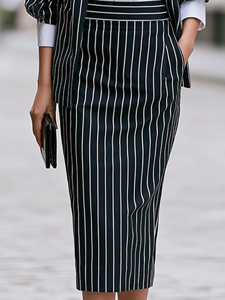 Three-piece Set Featuring A Pinstriped Blazer A Shirt  A Midi-length Pencil Skirt
