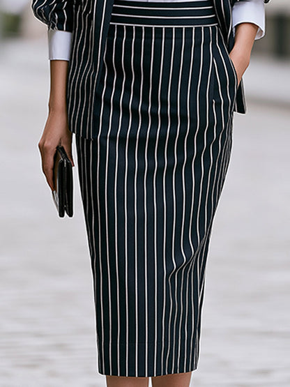 Three-piece Set Featuring A Pinstriped Blazer A Shirt  A Midi-length Pencil Skirt