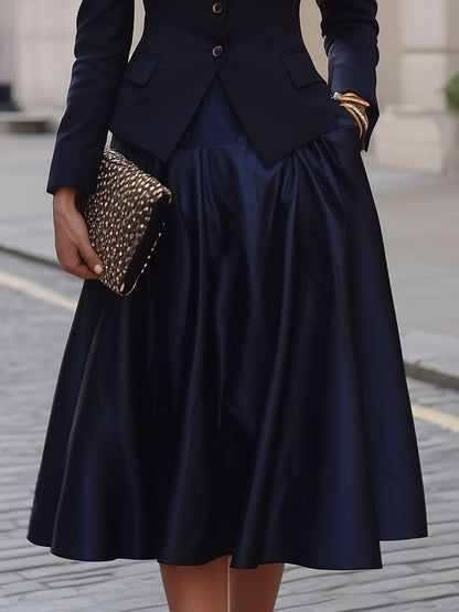 Navy Blazer & Satin Midi Skirt Two-Piece Set