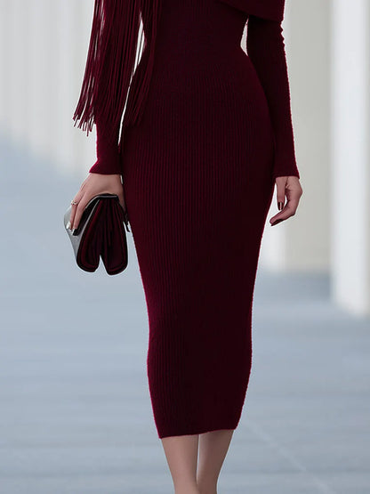 Fringe Cape Off-Shoulder Knit Midi Dress