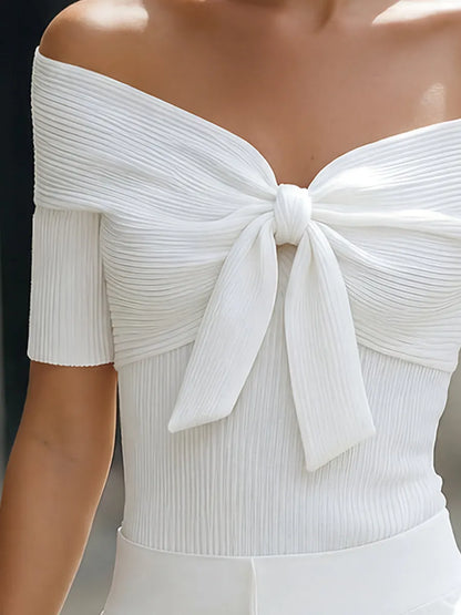 Bow-Front Off-Shoulder Ribbed Short-Sleeve Top