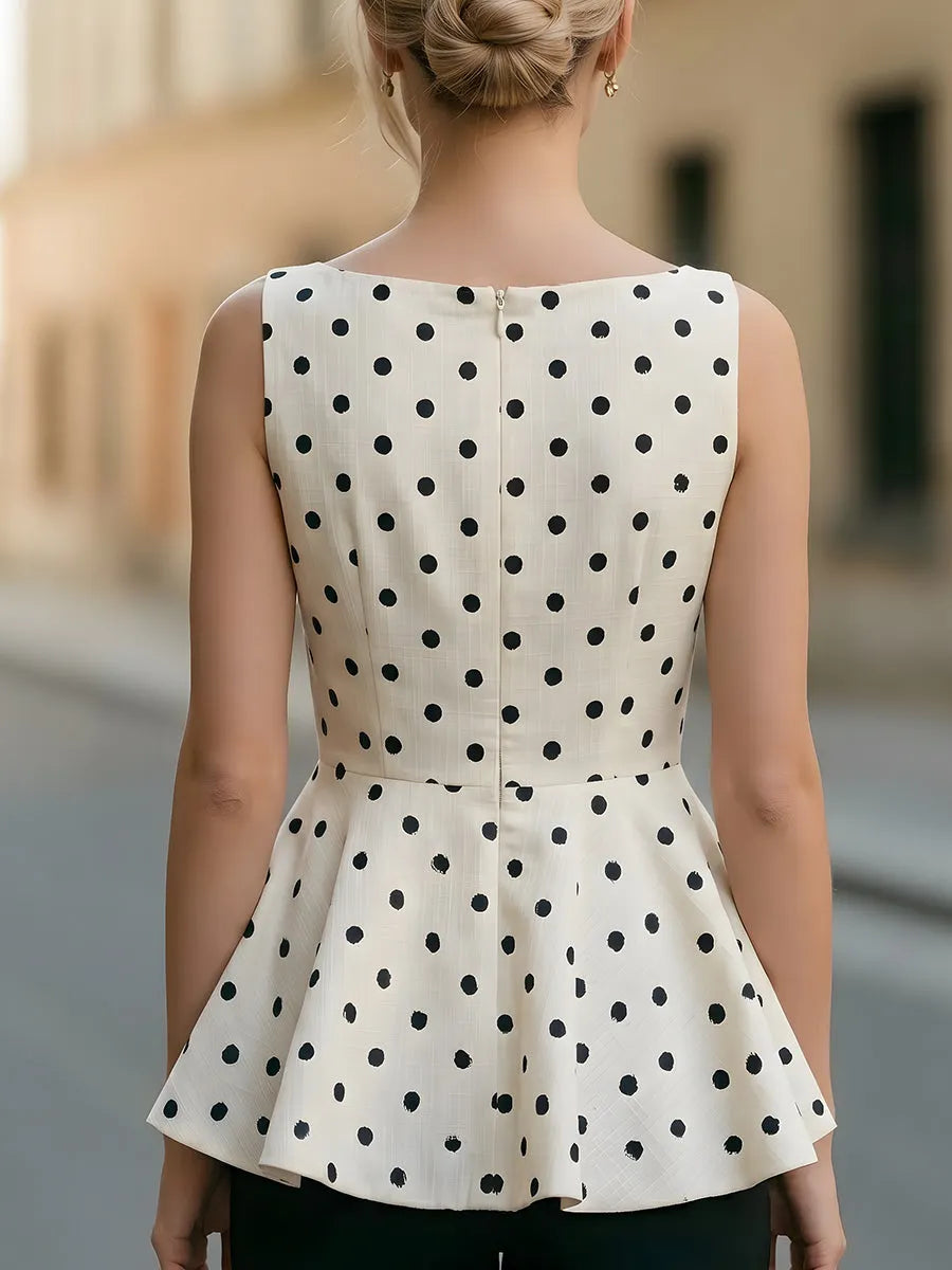 Polka Dot Sleeveless Boat Neck Peplum Top