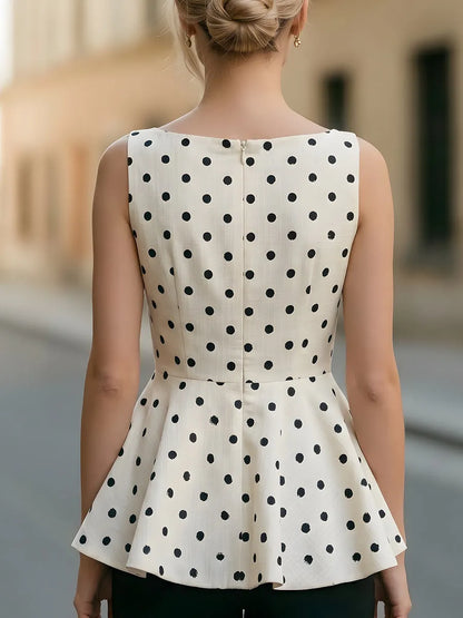 Polka Dot Sleeveless Boat Neck Peplum Top