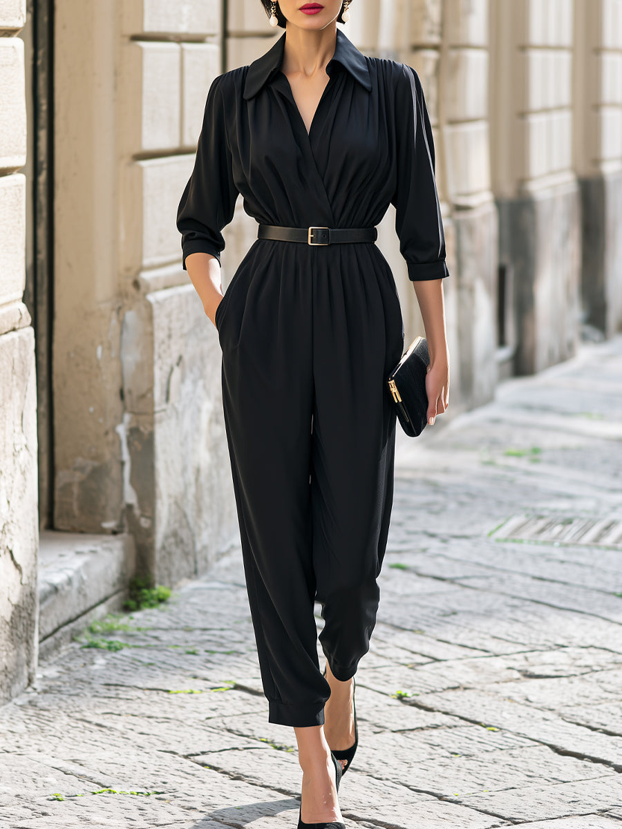 Shirt Collar Belted Draped Utility Jumpsuit