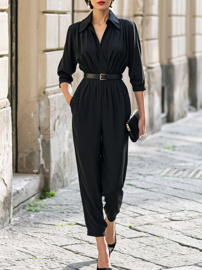 Shirt Collar Belted Draped Utility Jumpsuit
