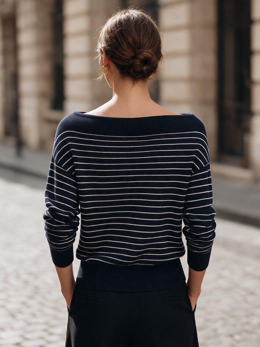 Elegant Striped Boat-Neck Knit Sweater