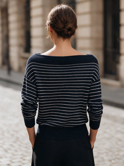Elegant Striped Boat-Neck Knit Sweater