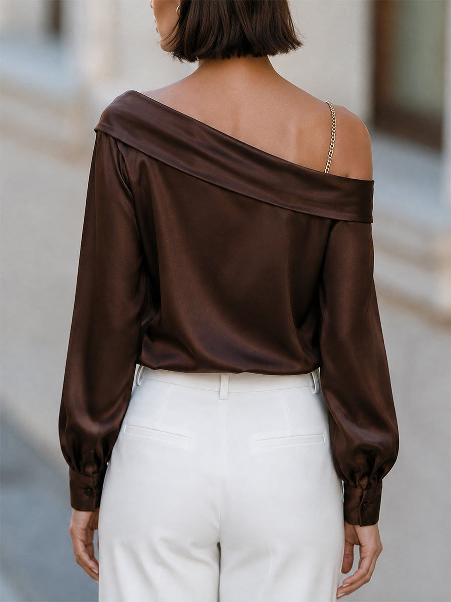 Satin One Shoulder Gold Chain Strap Blouse