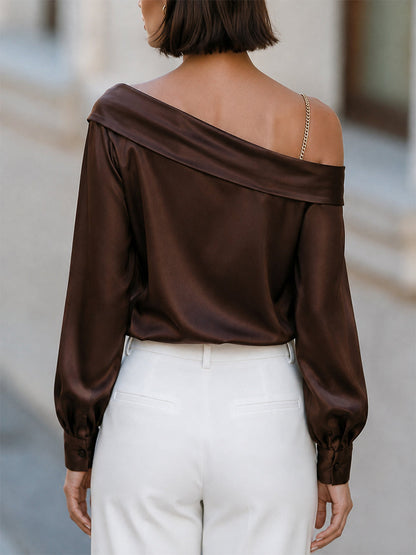 Satin One Shoulder Gold Chain Strap Blouse