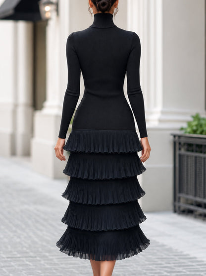 Chiffon Ruffle Skirt Ribbed Knit Midi Dress