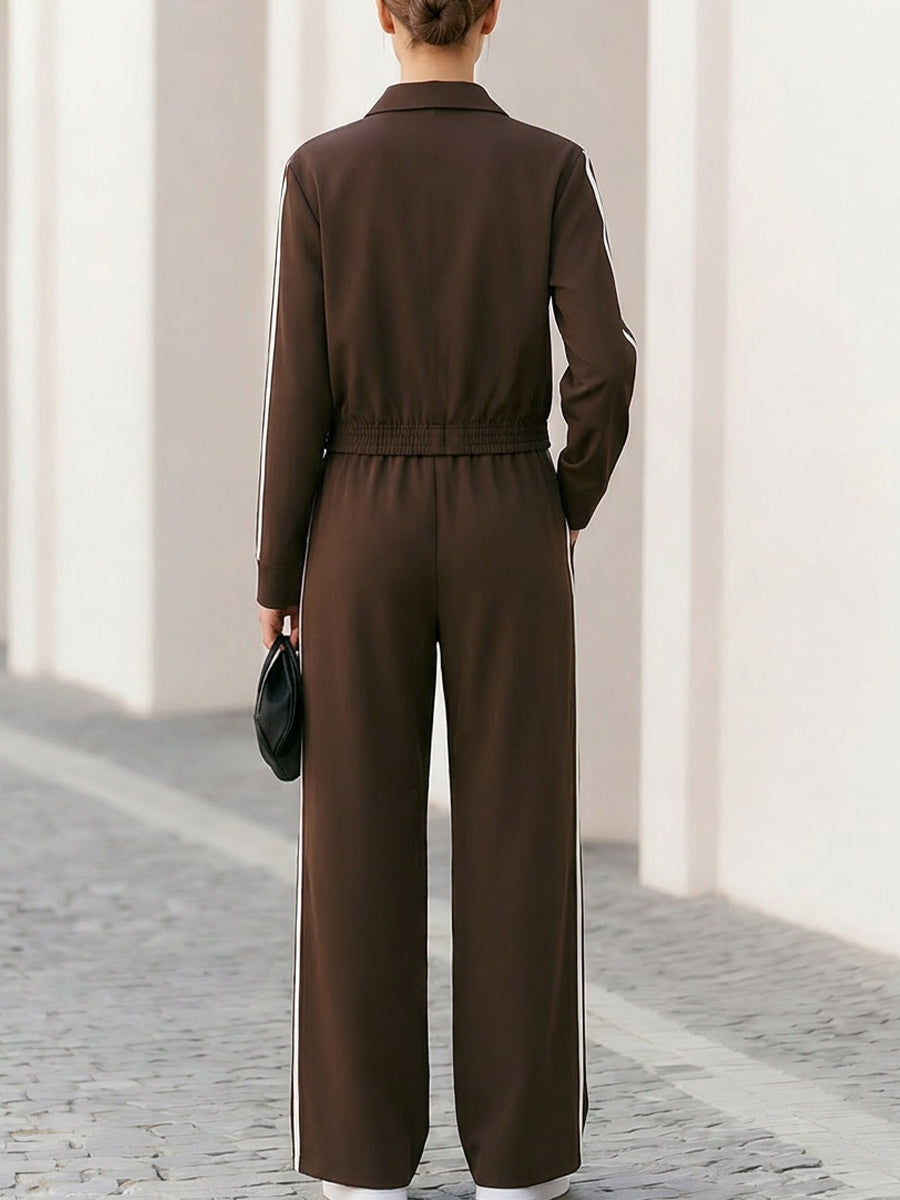 Collar Zip Crop Track Jacket & Side Stripe Wide Leg Pants Two-Piece Tracksuit Set