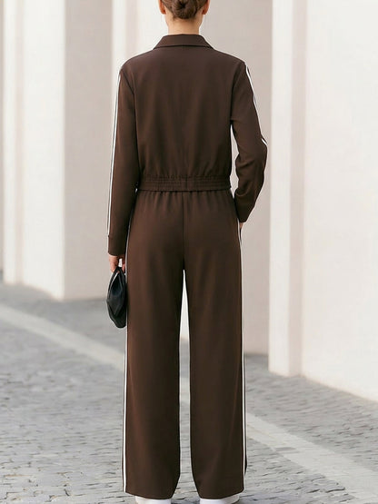 Collar Zip Crop Track Jacket & Side Stripe Wide Leg Pants Two-Piece Tracksuit Set