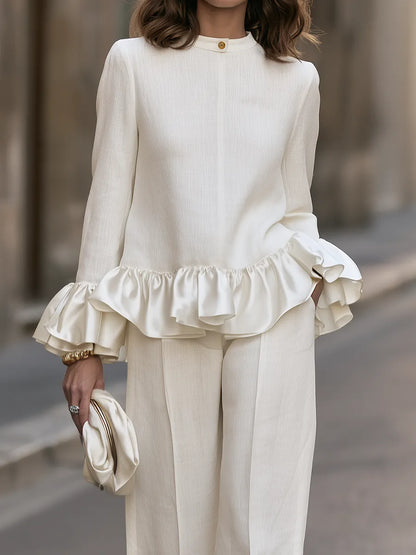 Ruffle-Hem Long-Sleeve Top And Wide-Leg Pants Set