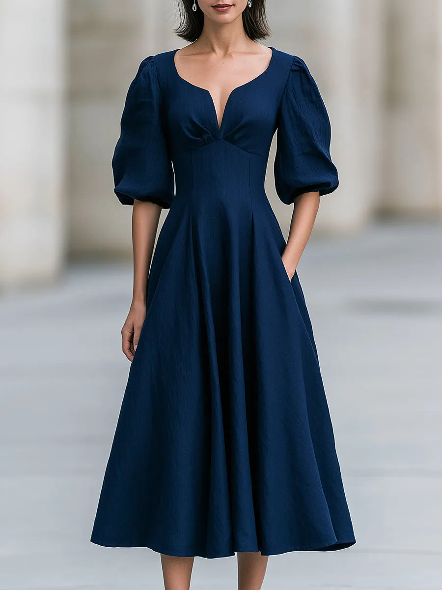 Sweetheart V-Neck Puff Sleeve Midi Swing Dress