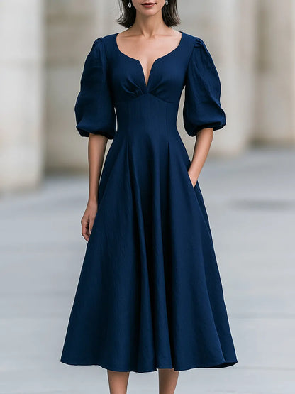 Sweetheart V-Neck Puff Sleeve Midi Swing Dress