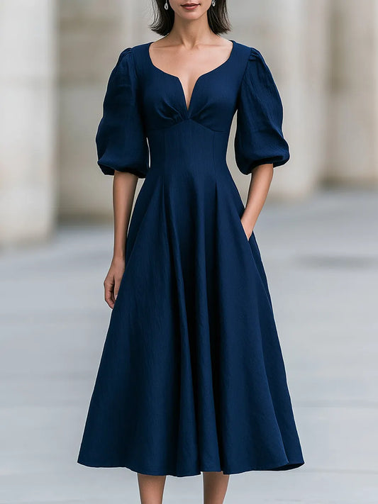Sweetheart V-Neck Puff Sleeve Midi Swing Dress