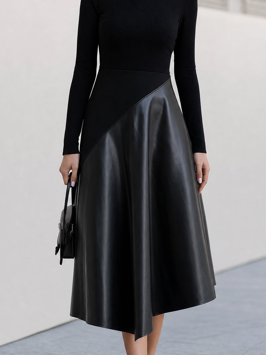 Turtleneck Long Sleeve Asymmetrical Midi Flare Dress