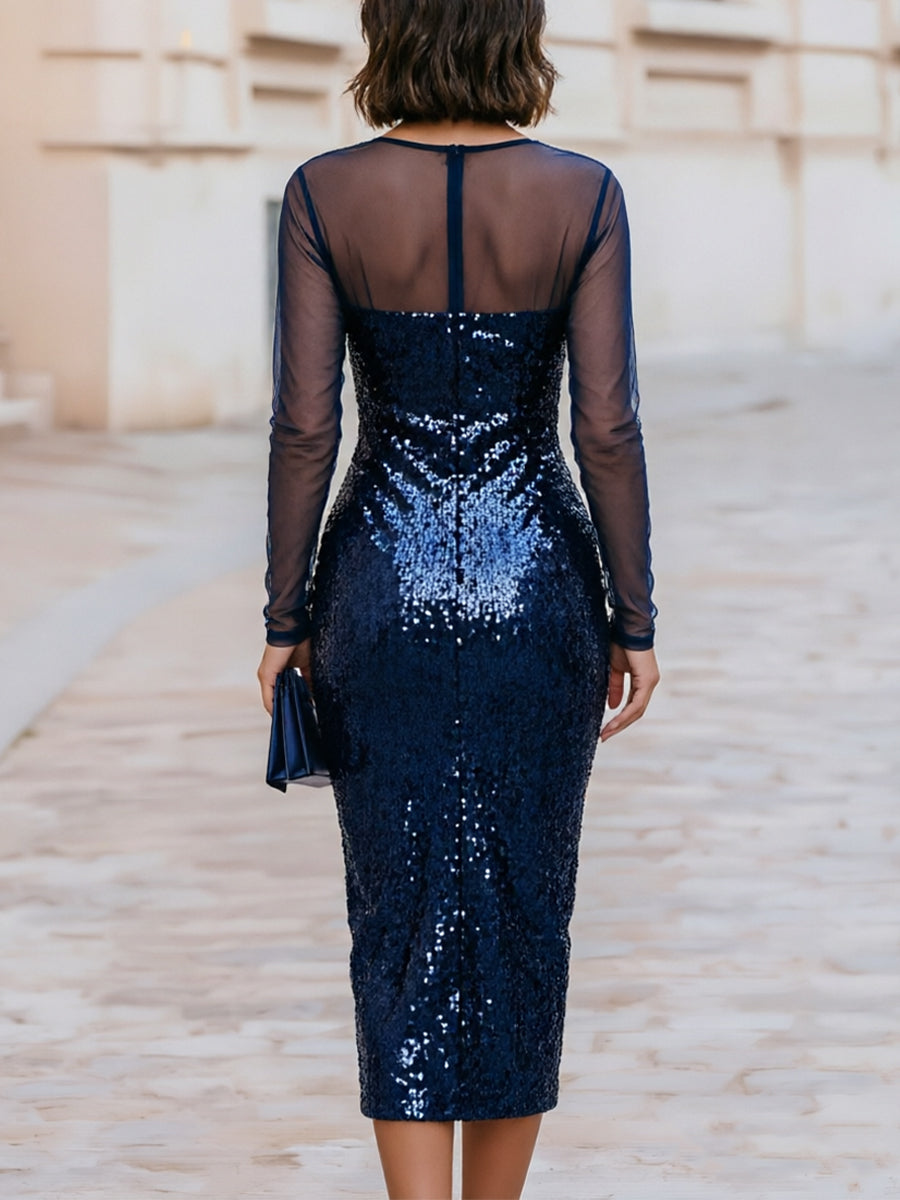 Sheer Mesh Long Sleeve Sweetheart Cowl Sequin Side Slit Midi Dress