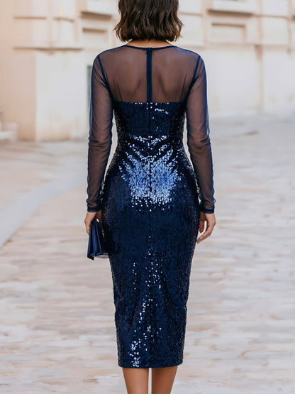 Sheer Mesh Long Sleeve Sweetheart Cowl Sequin Side Slit Midi Dress