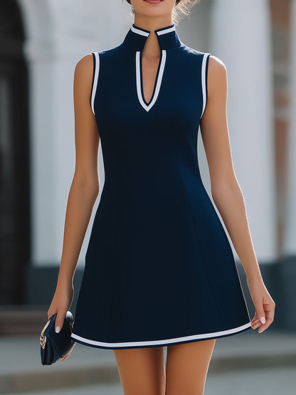 Mandarin-Collar White-Trim Sleeveless A-Line Mini Dress