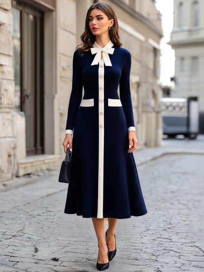 Ribbed Knit Bow-Collar A-Line Maxi Dress