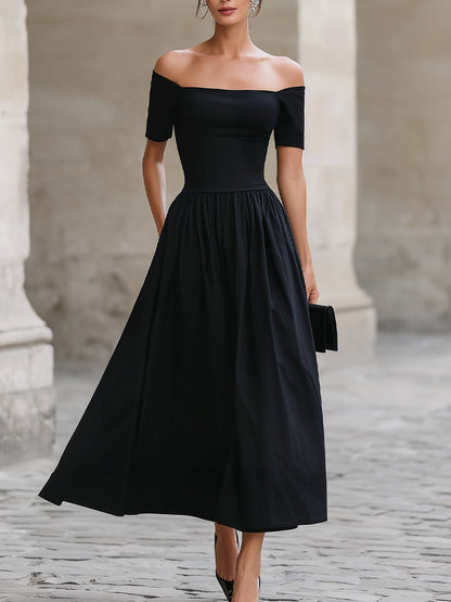 Black Off-the-Shoulder Short-Sleeve Fit-and-Flare Maxi Dress